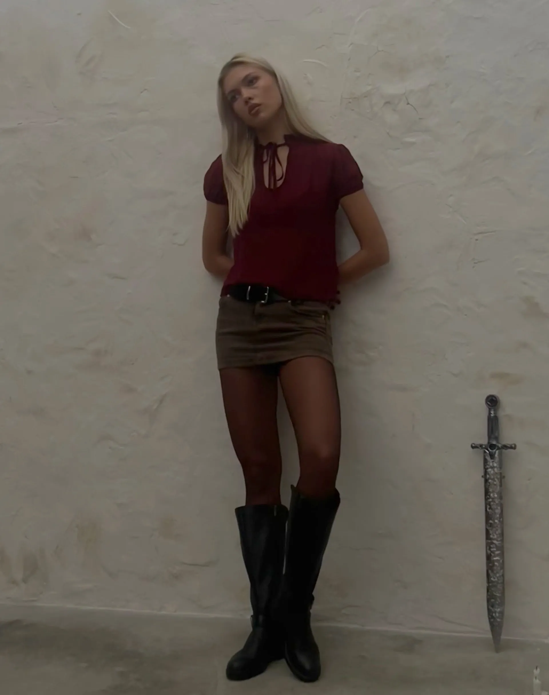 Motel Rocks Shirts And Blouses-Enzo High Neck Blouse in Oxblood Chiffon