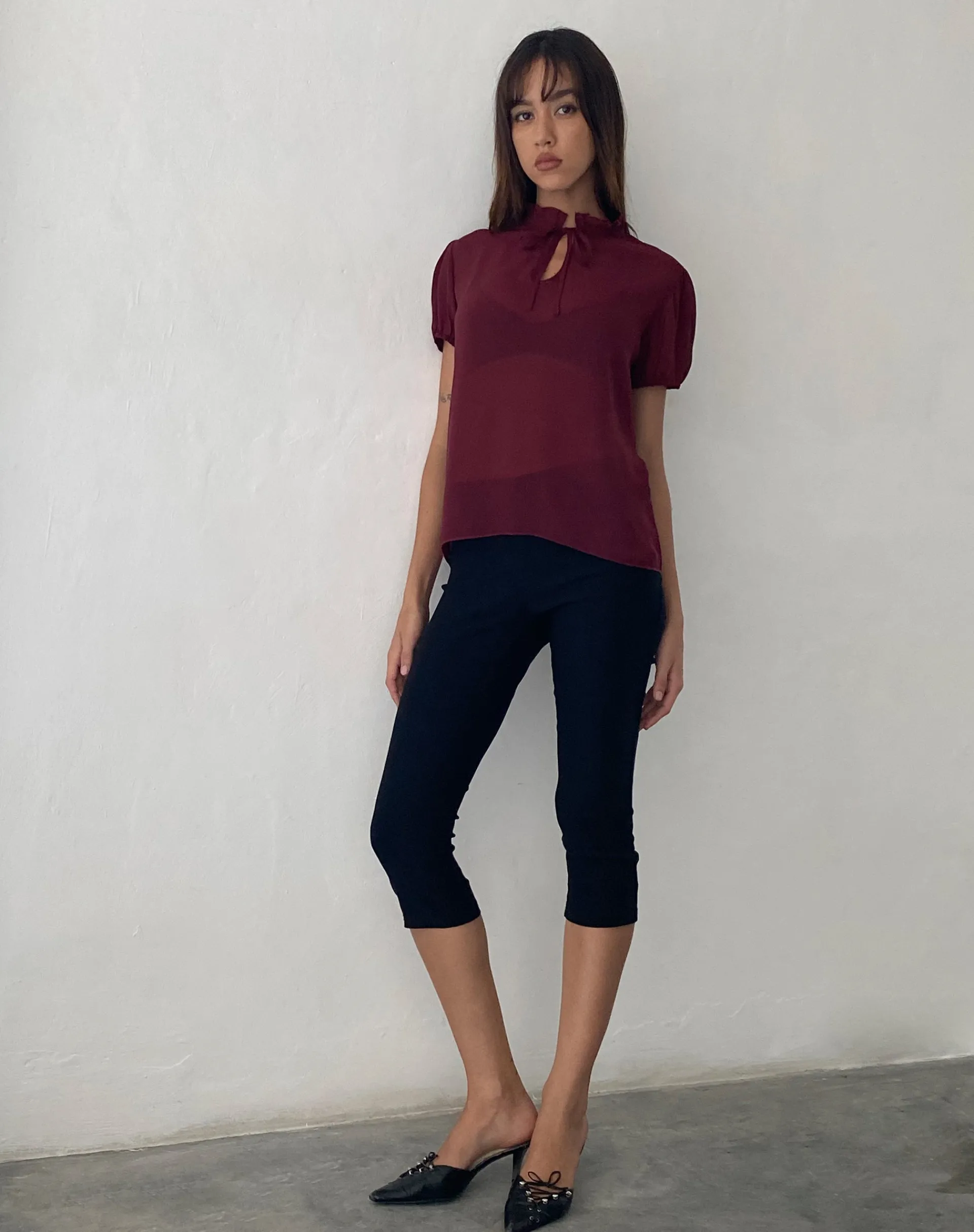 Motel Rocks Shirts And Blouses-Enzo High Neck Blouse in Oxblood Chiffon
