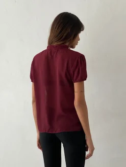 Motel Rocks Shirts And Blouses-Enzo High Neck Blouse in Oxblood Chiffon