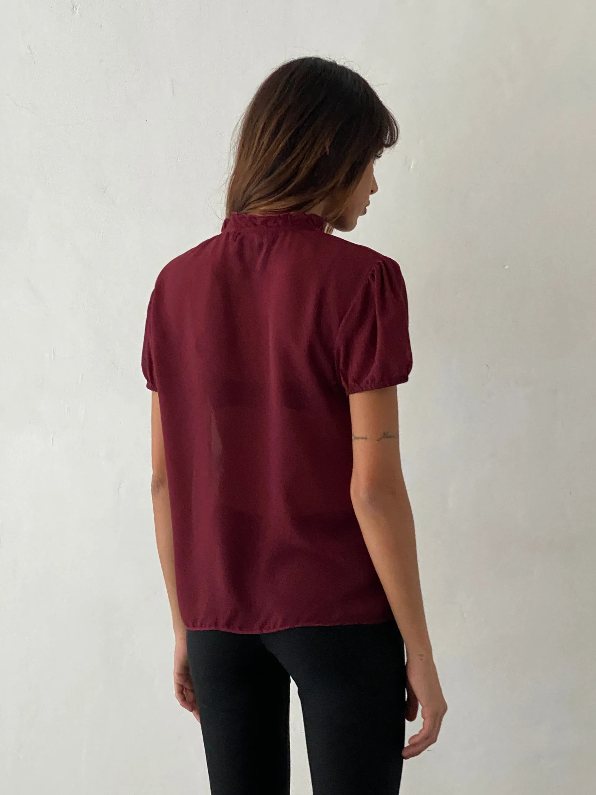 Motel Rocks Shirts And Blouses-Enzo High Neck Blouse in Oxblood Chiffon