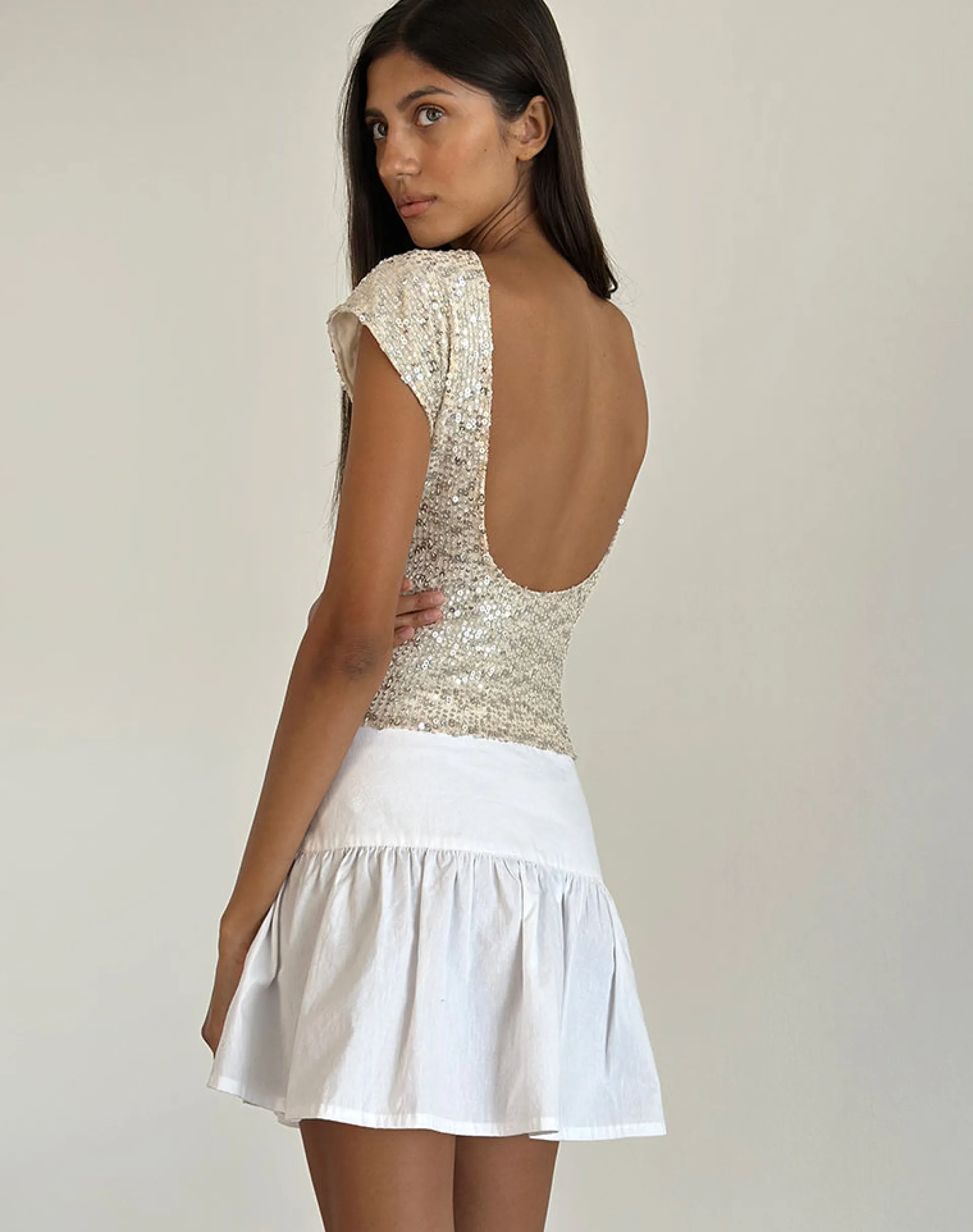 Motel Rocks Sequin Tops | Going Out Tops-Erika Backless Top in Neutral Sequin NeutralSequin