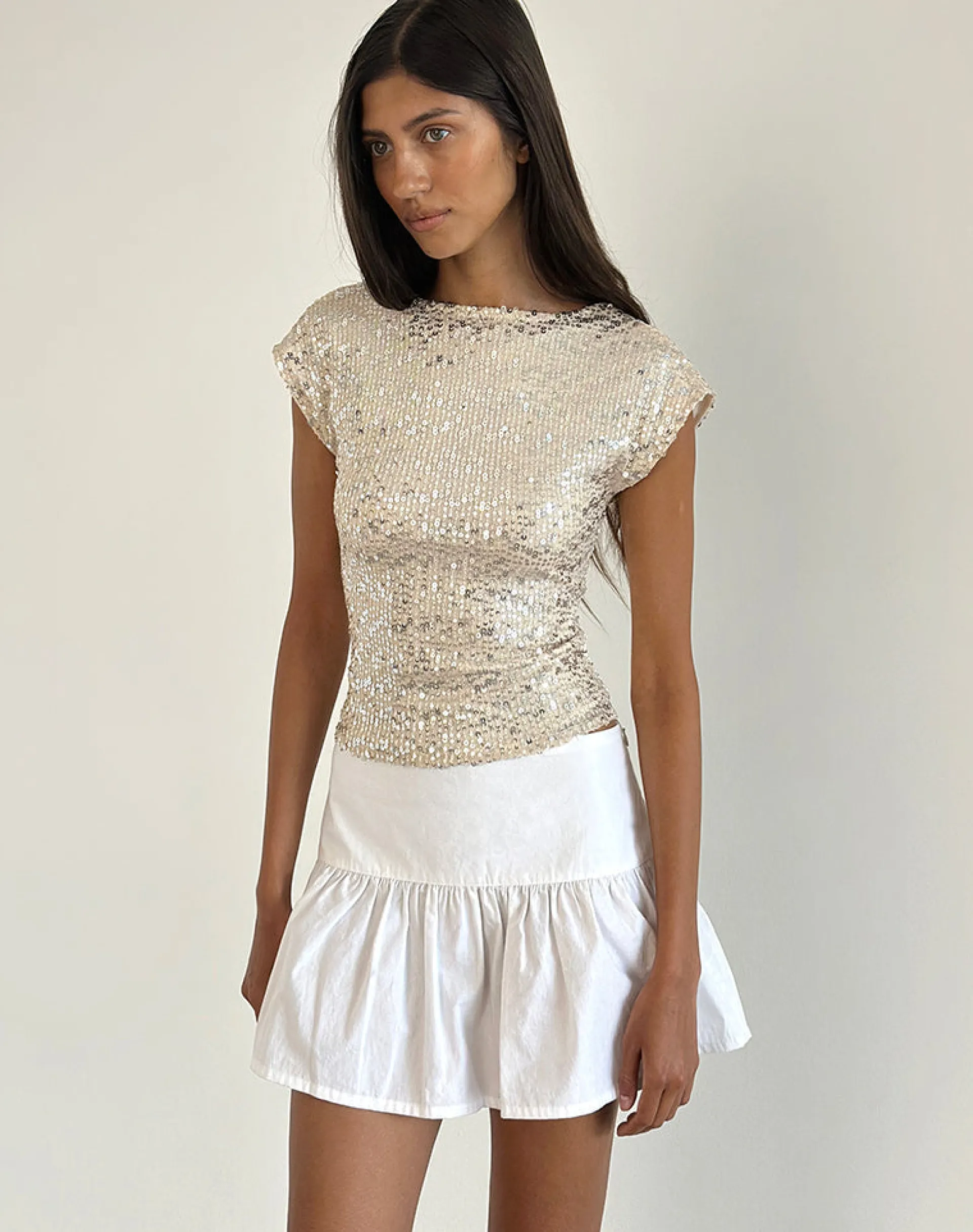 Motel Rocks Sequin Tops | Going Out Tops-Erika Backless Top in Neutral Sequin NeutralSequin