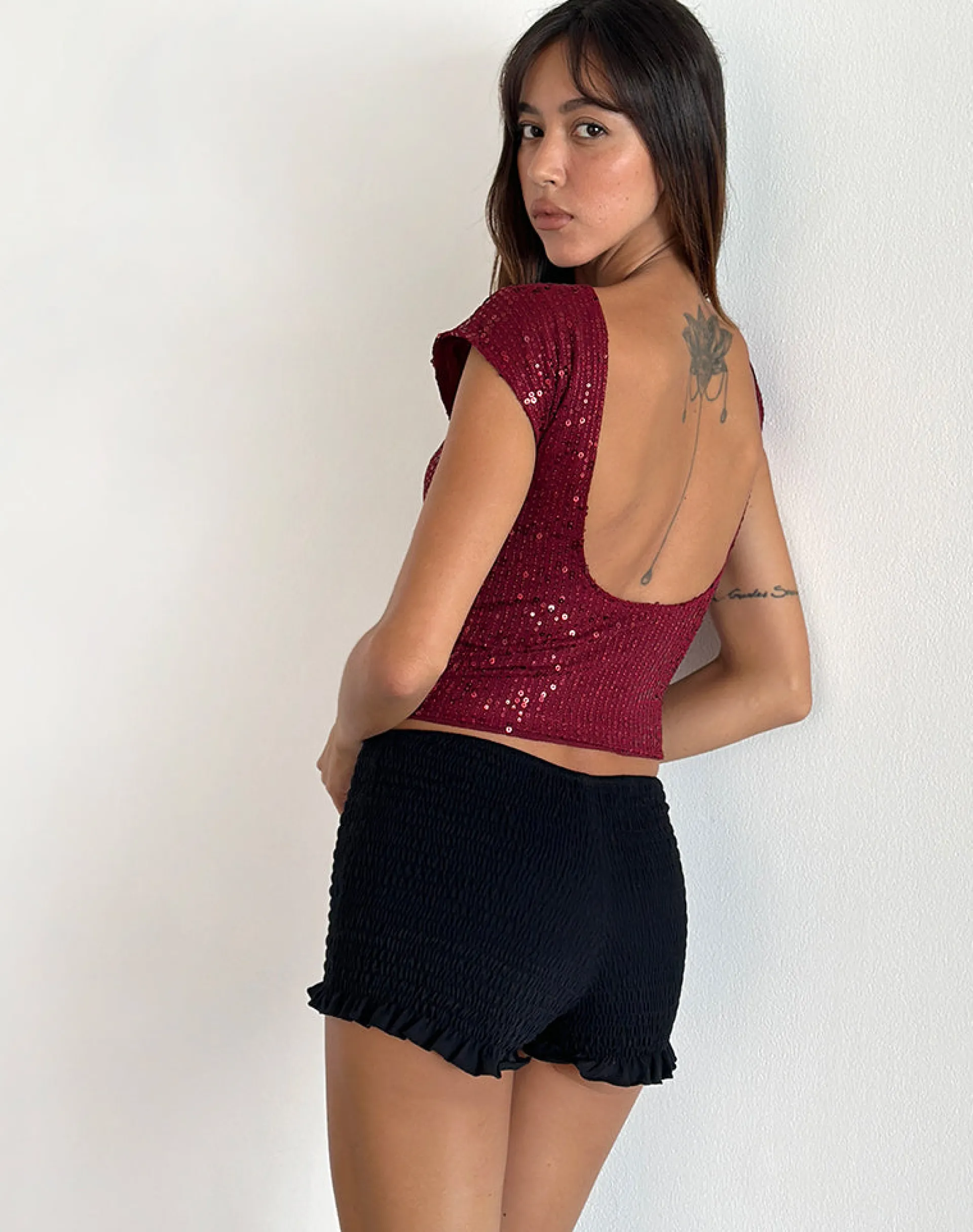 Motel Rocks Sequin Tops | Going Out Tops-Erika Low Back Top in Gauzy Sequin Red GauzySequinRed