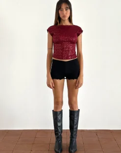Motel Rocks Sequin Tops | Going Out Tops-Erika Low Back Top in Gauzy Sequin Red GauzySequinRed