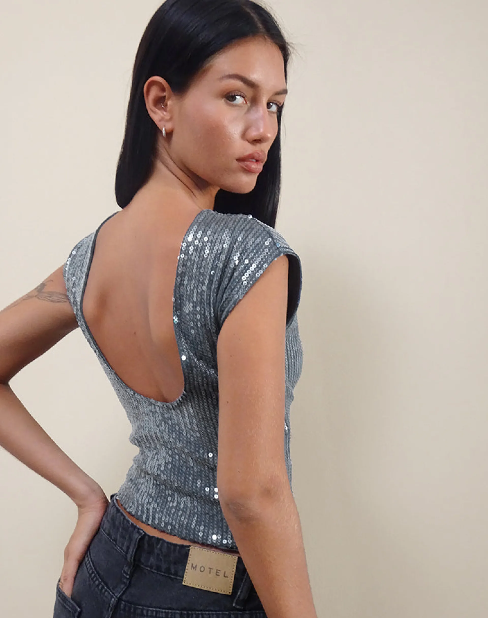 Motel Rocks Crop Tops | Sequin Tops-Erika Low Back Top in Shimmer Sequin Charcoal ShimmerSequinCharcoal