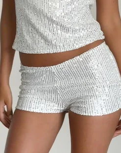 Motel Rocks Micro Shorts-Erna Micro Shorts in Silver Chrome Sequin SilverChromeSequin