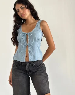 Motel Rocks Basic Tops | Vest Tops-Esau Tie Front Top in Private Slub Nantucket Blue PrivateSlubNantucketBlue