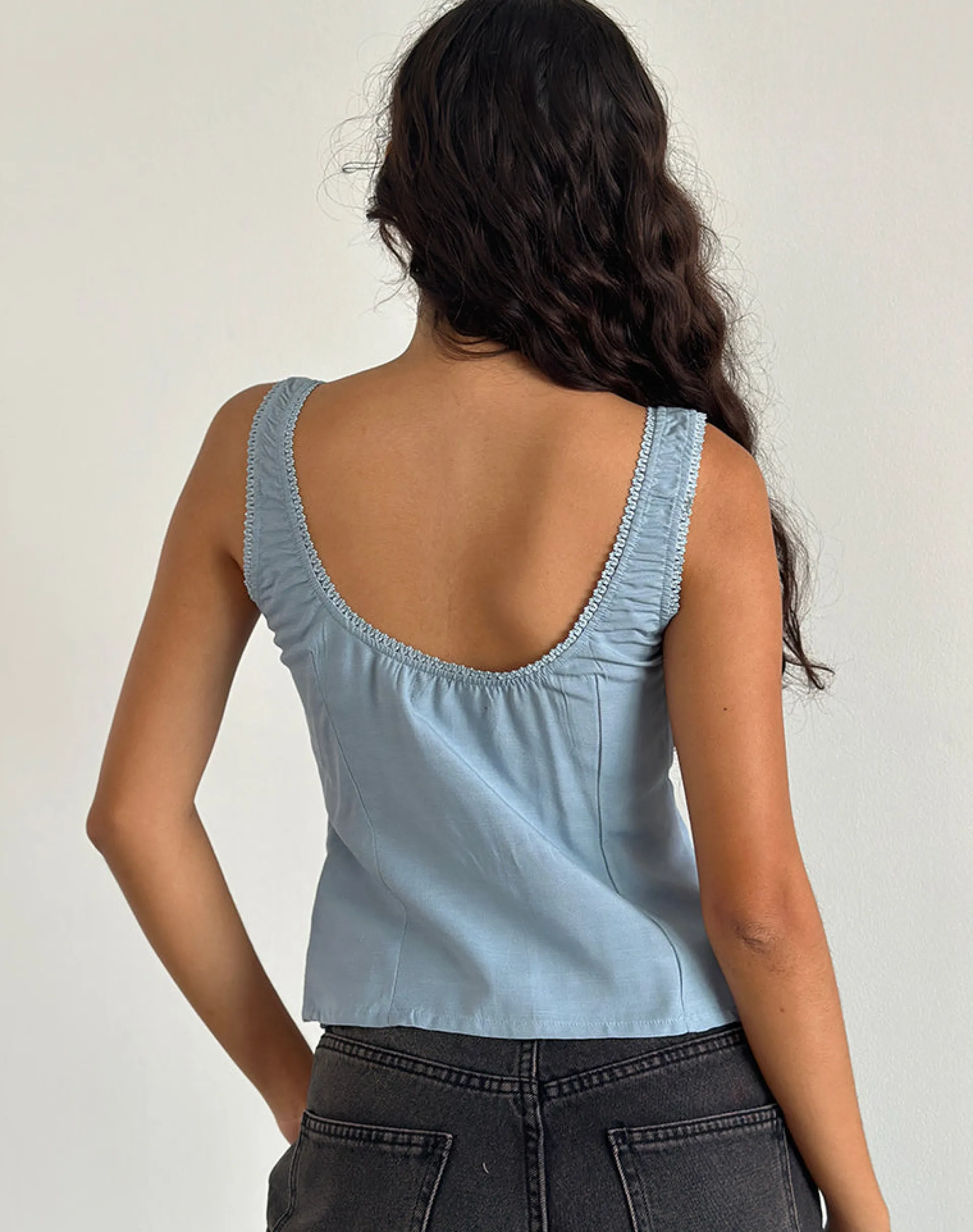Motel Rocks Basic Tops | Vest Tops-Esau Tie Front Top in Private Slub Nantucket Blue PrivateSlubNantucketBlue