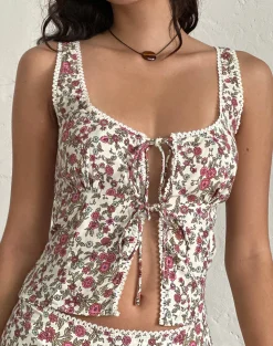 Motel Rocks Co-Ords | Printed Tops-Esau Tie Front Top in Vintage Bloom Ivory vintagebloomivory