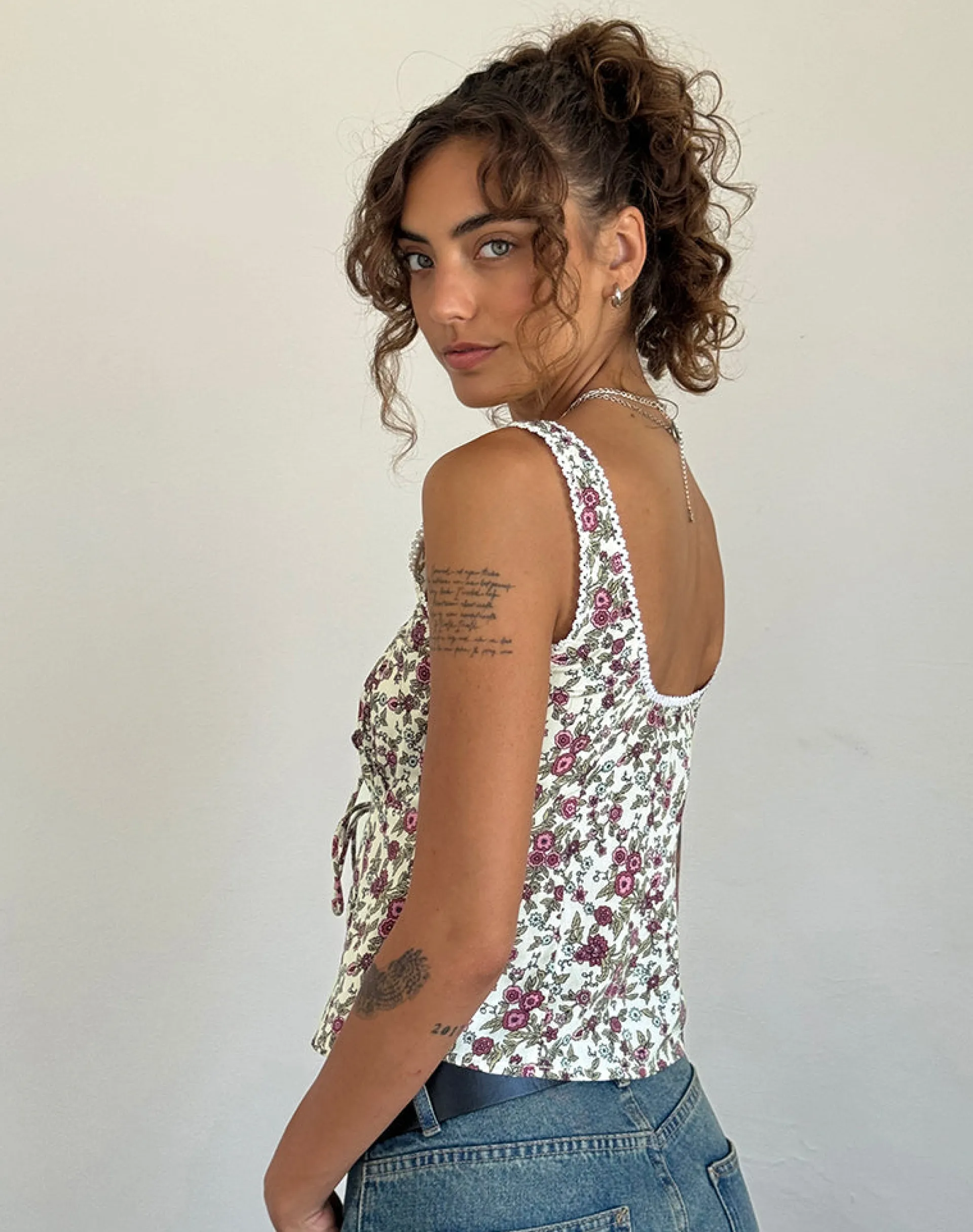 Motel Rocks Co-Ords | Printed Tops-Esau Tie Front Top in Vintage Bloom Ivory vintagebloomivory