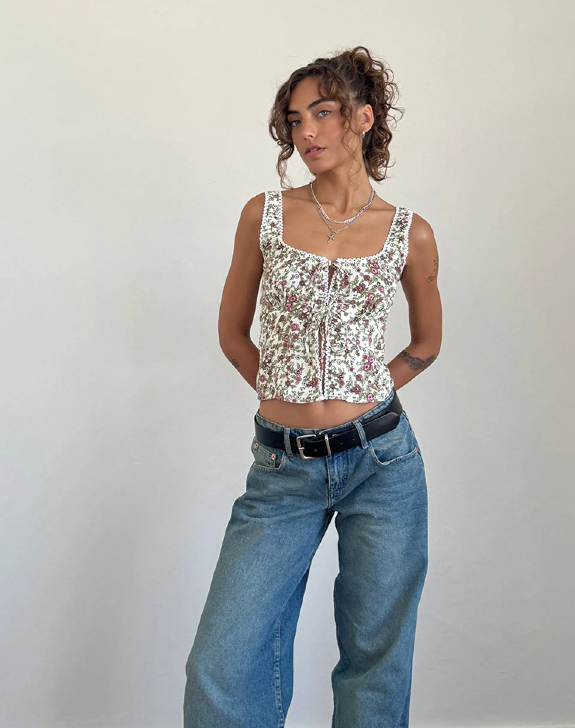 Motel Rocks Co-Ords | Printed Tops-Esau Tie Front Top in Vintage Bloom Ivory vintagebloomivory