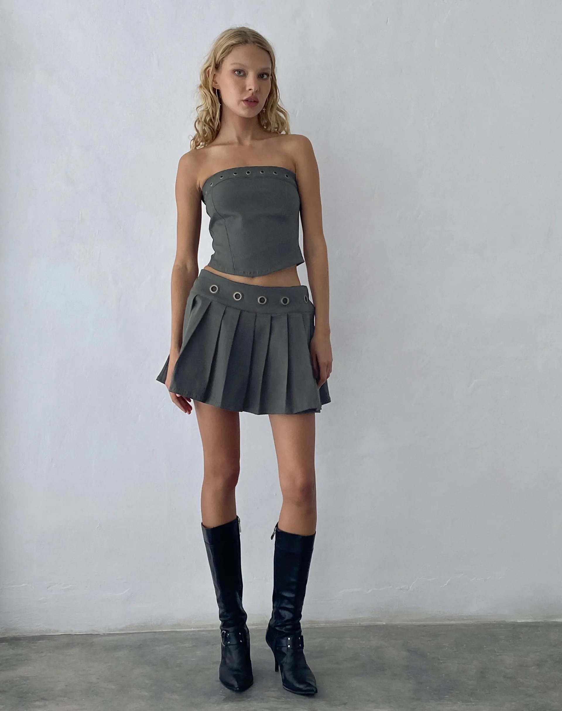 Motel Rocks Corset Tops | Bandeau Tops-Estel Eyelet Bandeau Top in Charcoal Grey
