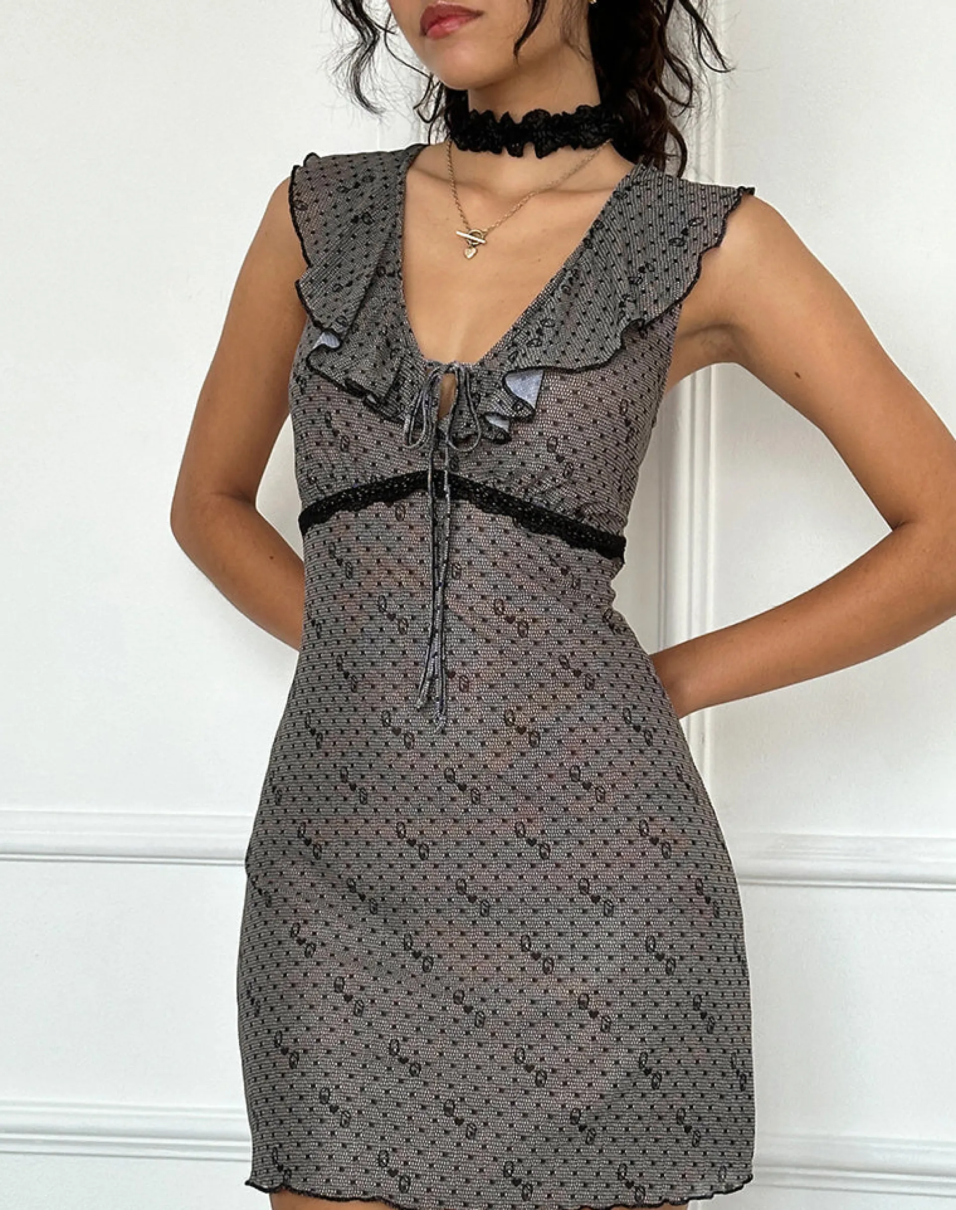 Motel Rocks Mini Dresses-Esther Mesh Mini Dress in Queen of Heart Print