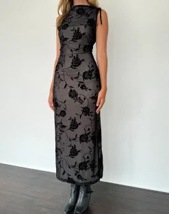 Motel Rocks Printed Dresses | Bodycon Dresses-Estoria Midi Dress Black Rose Flock