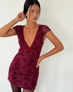 Motel Rocks Day Dresses | Bodycon Dresses-Evilia Dress in Botanical Flower Maroon BotanicalFlowerMaroon