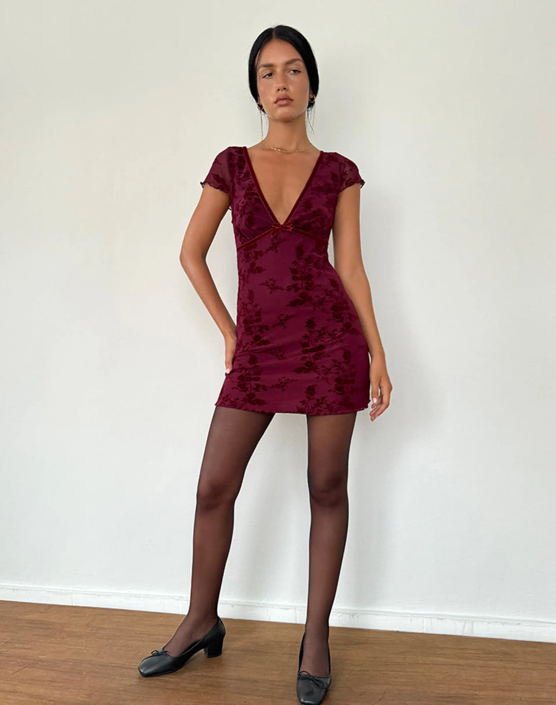 Motel Rocks Day Dresses | Bodycon Dresses-Evilia Dress in Botanical Flower Maroon BotanicalFlowerMaroon