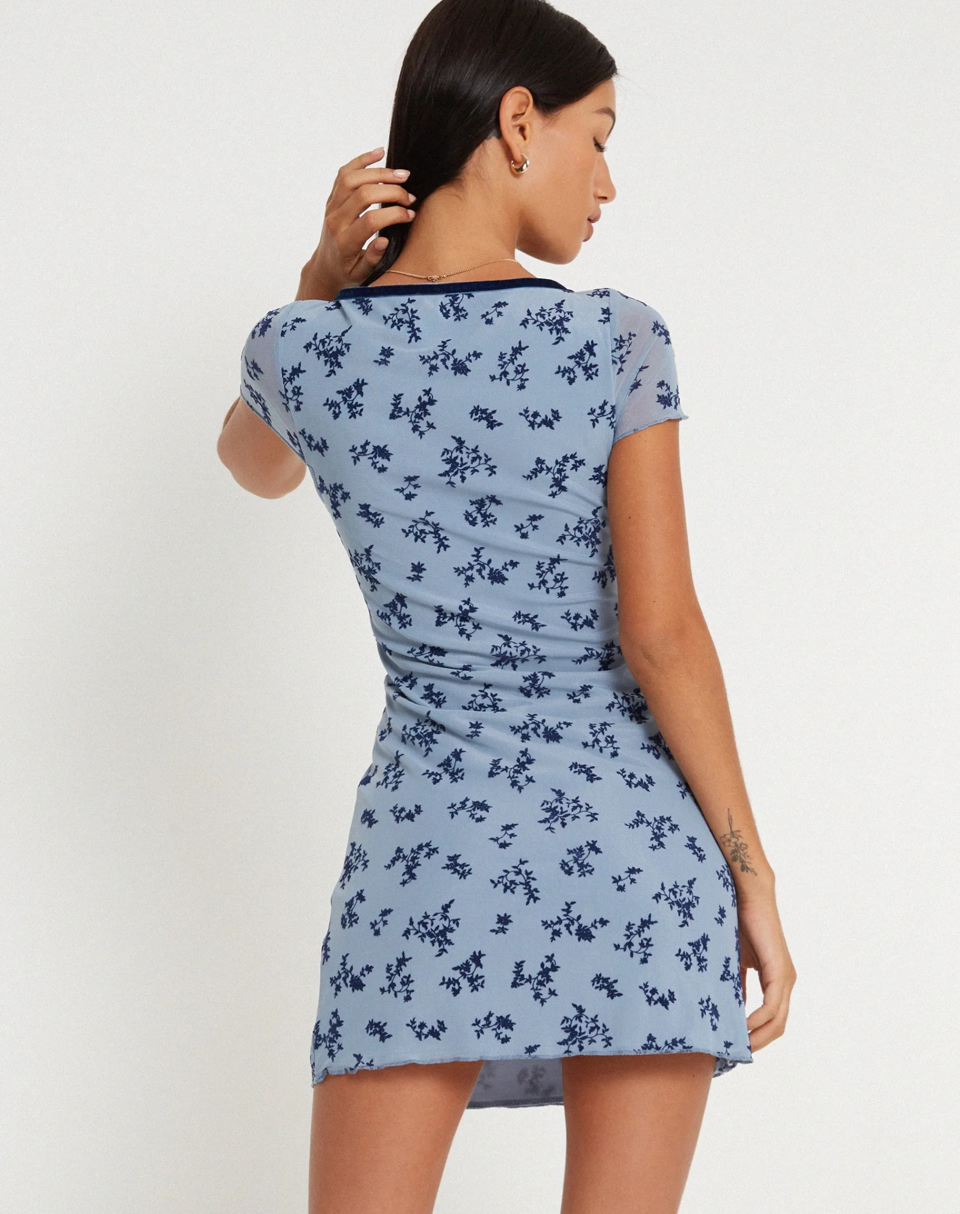 Motel Rocks Printed Dresses | Day Dresses-Evilia Mini Dress in Light Blue Black Botanist Flocking LightBlueBlackBotanistFlocking