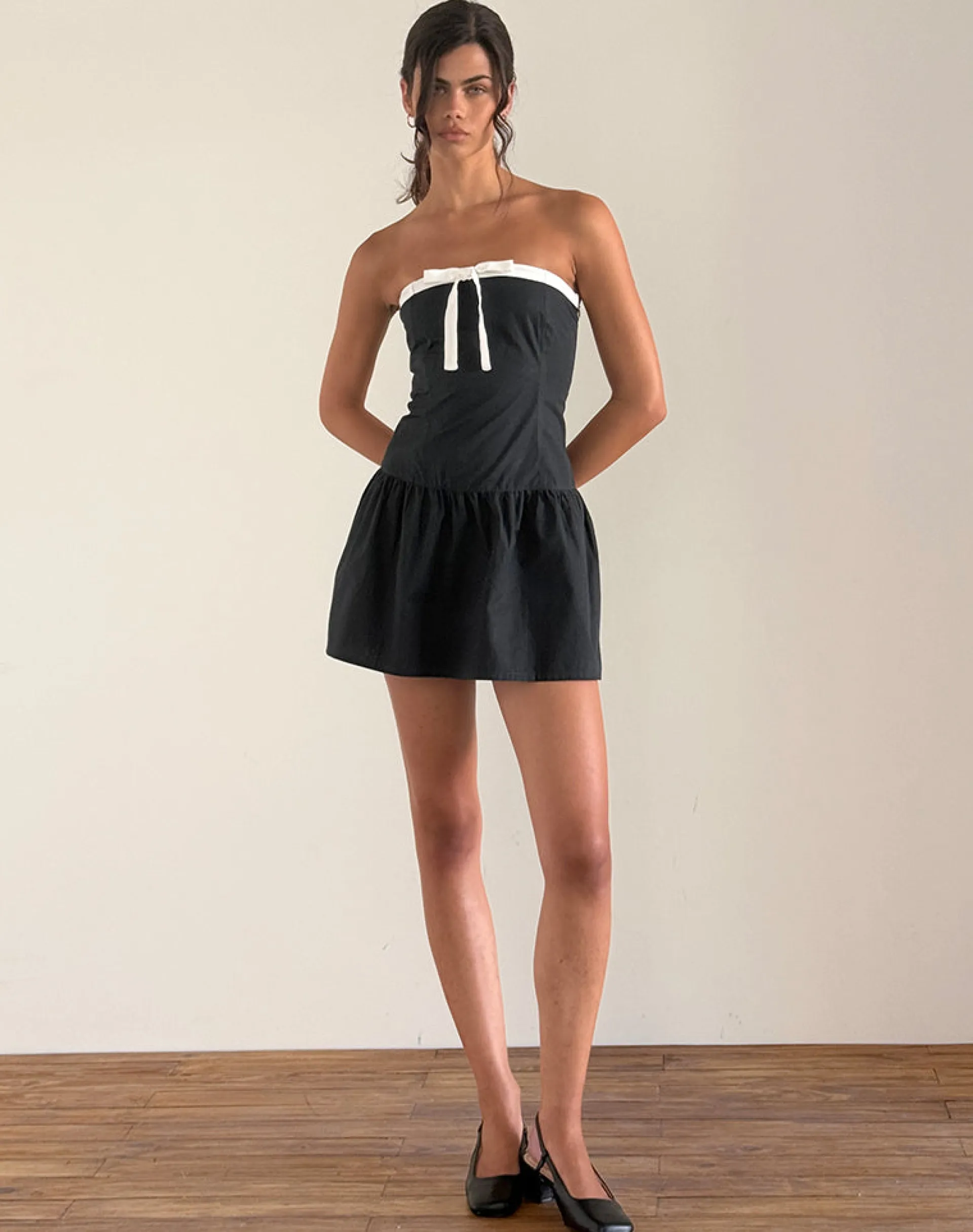 Motel Rocks Bandeau Dresses | Day Dresses-Faelas Mini Dress in Tap Shoe with Off White Bows