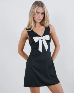 Motel Rocks Basics | Little Black Dresses-Faradiba Mini Dress in Satin Black with Ivory Bow