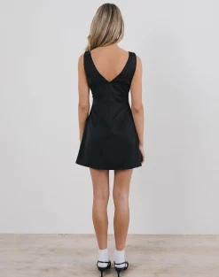 Motel Rocks Basics | Little Black Dresses-Faradiba Mini Dress in Satin Black with Ivory Bow