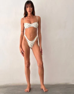 Motel Rocks Swimwear-Farida Bikini Bottom in Blue Cluster Floral with Picot Trim BlueClusterFloralwithPicotTrim