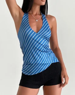 Motel Rocks Halterneck Tops | Printed Tops-Fayez Slinky Top in Blue Diagonal Stripe bluediagonalstripe