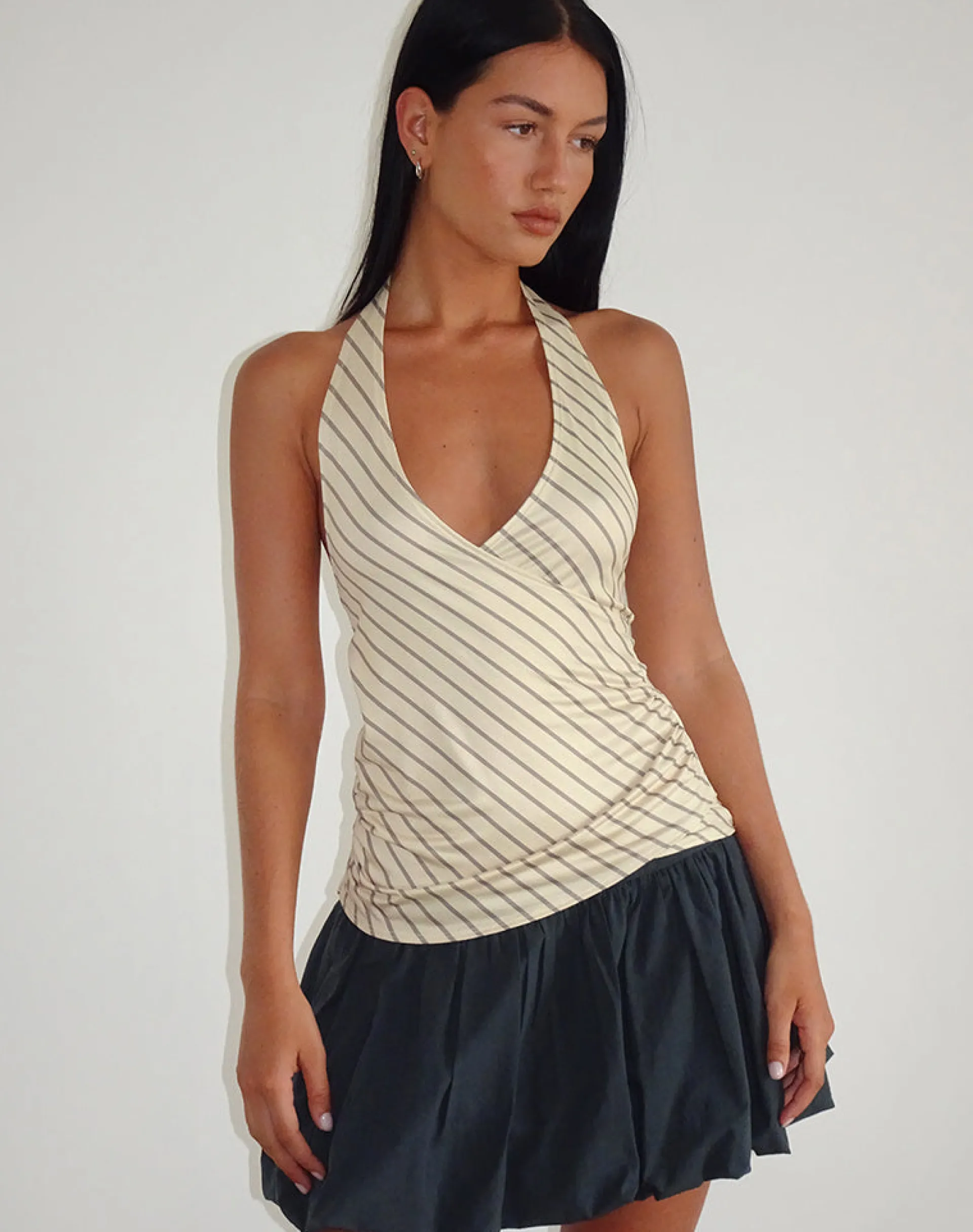 Motel Rocks Co-Ords | Halterneck Tops-Fayez Slinky Top in Yellow Diagonal Stripe YellowDiagonalStripe
