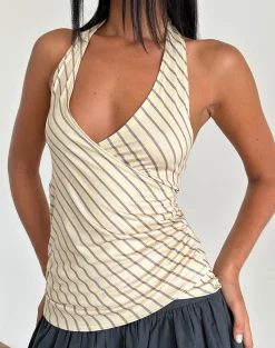 Motel Rocks Co-Ords | Halterneck Tops-Fayez Slinky Top in Yellow Diagonal Stripe YellowDiagonalStripe