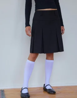 Motel Rocks Pleated Skirts | Midi Skirts-Fermi Pleated Midi Skirt in Tailoring Black