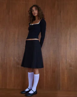 Motel Rocks Pleated Skirts | Midi Skirts-Fermi Pleated Midi Skirt in Tailoring Black