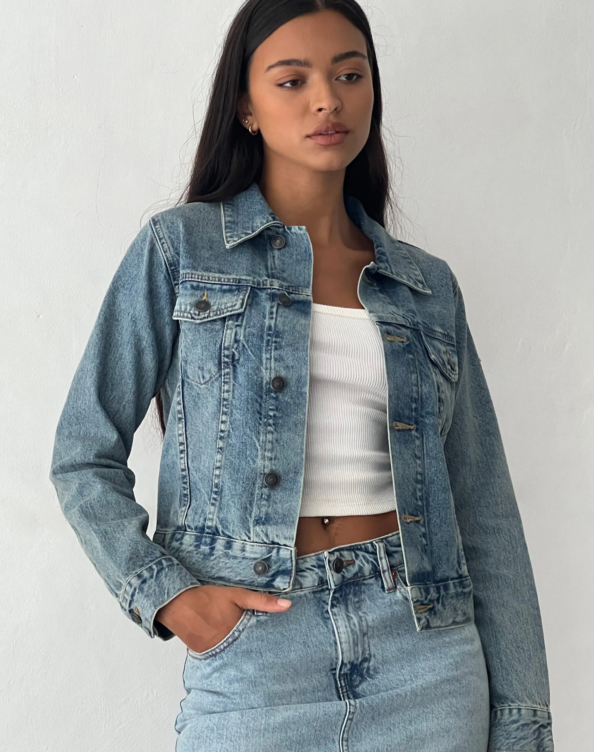 Motel Rocks Basics-Fitted Denim Jacket in Blue Wash VintageBlueWash