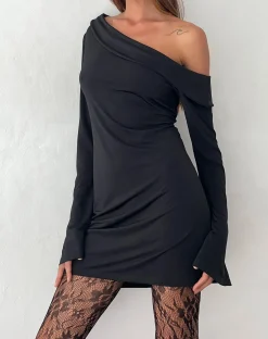 Motel Rocks Long Sleeve Dresses | Little Black Dresses-Fliss Asymmetric Mini Dress in Slinky Black