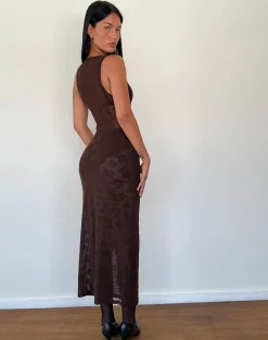 Motel Rocks Printed Dresses | Bodycon Dresses-Florian Romantic Rose Midi Dress in Flock Brown FlockBrown