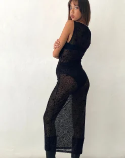 Motel Rocks Printed Dresses | Bodycon Dresses-Florian Unlined Midi Dress in Black Abstract Flower Flock BlackAbstractFlowerFlock