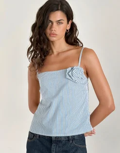 Motel Rocks Strappy Tops | Going Out Tops-Flowa Top in Blue Small Vertical Stripe with Rosette