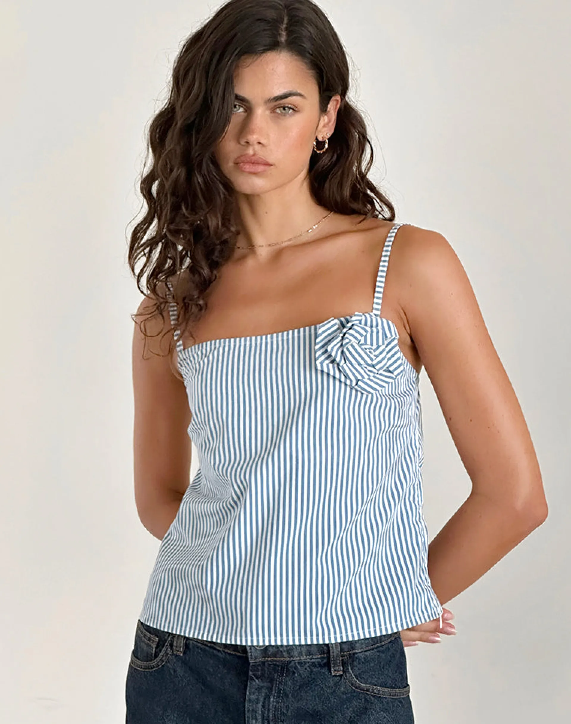 Motel Rocks Strappy Tops | Going Out Tops-Flowa Top in Blue Small Vertical Stripe with Rosette