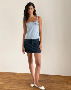 Motel Rocks Strappy Tops | Going Out Tops-Flowa Top in Blue Small Vertical Stripe with Rosette
