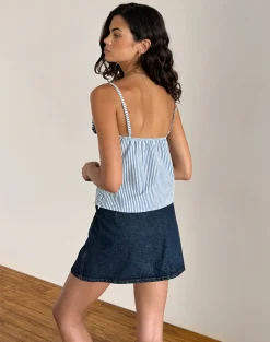 Motel Rocks Strappy Tops | Going Out Tops-Flowa Top in Blue Small Vertical Stripe with Rosette
