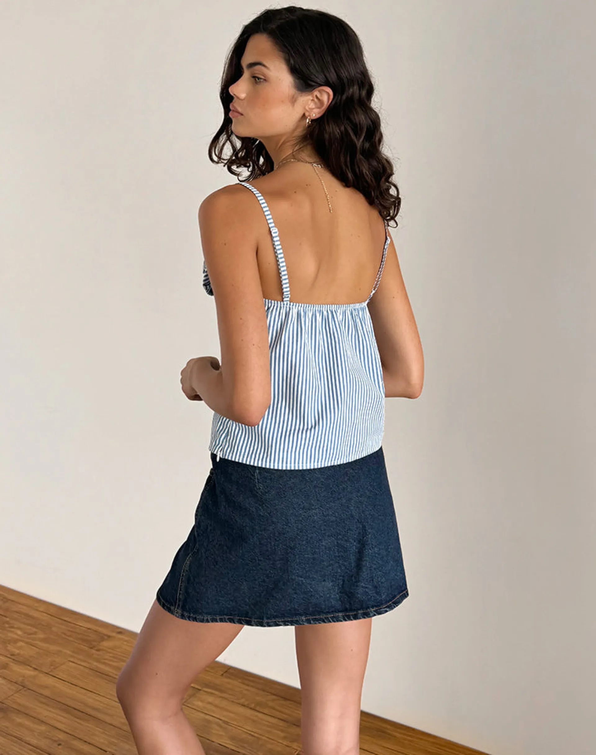 Motel Rocks Strappy Tops | Going Out Tops-Flowa Top in Blue Small Vertical Stripe with Rosette