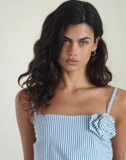 Motel Rocks Strappy Tops | Going Out Tops-Flowa Top in Blue Small Vertical Stripe with Rosette