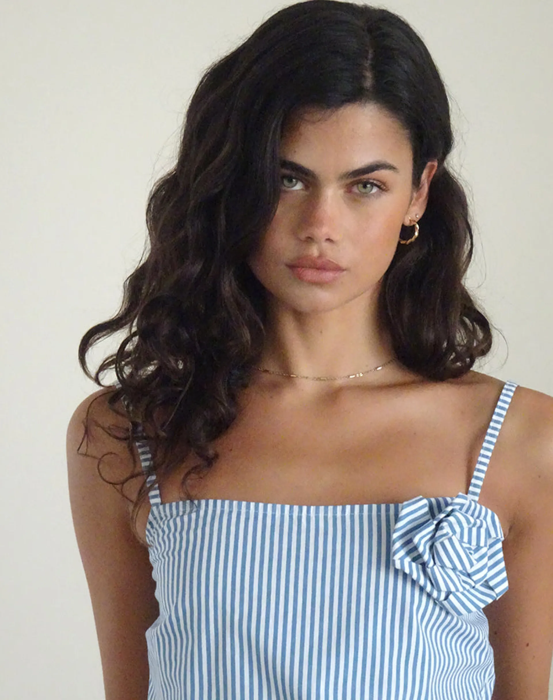 Motel Rocks Strappy Tops | Going Out Tops-Flowa Top in Blue Small Vertical Stripe with Rosette