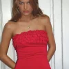 Motel Rocks Basic Tops | Bandeau Tops-Fortuna Ruffle Bandeau Top in Slinky Red
