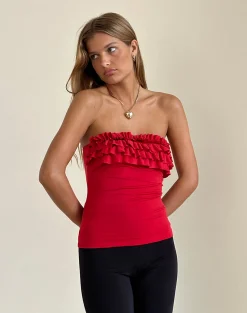 Motel Rocks Basic Tops | Bandeau Tops-Fortuna Ruffle Bandeau Top in Slinky Red