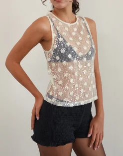 Motel Rocks Vest Tops | Sequin Tops-Franka Tank Top in Sequin Lace Ivory