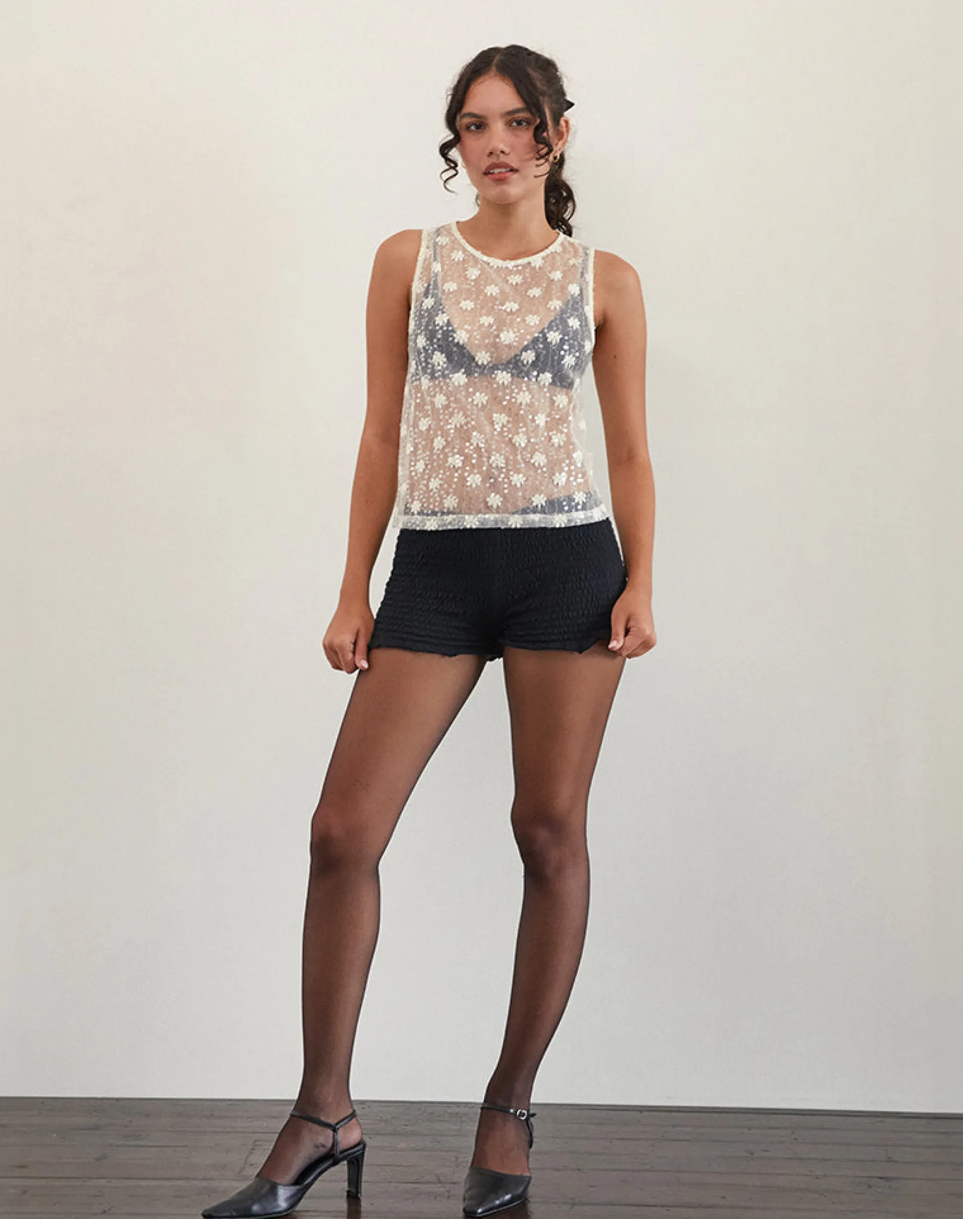Motel Rocks Vest Tops | Sequin Tops-Franka Tank Top in Sequin Lace Ivory