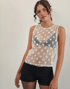 Motel Rocks Vest Tops | Sequin Tops-Franka Tank Top in Sequin Lace Ivory