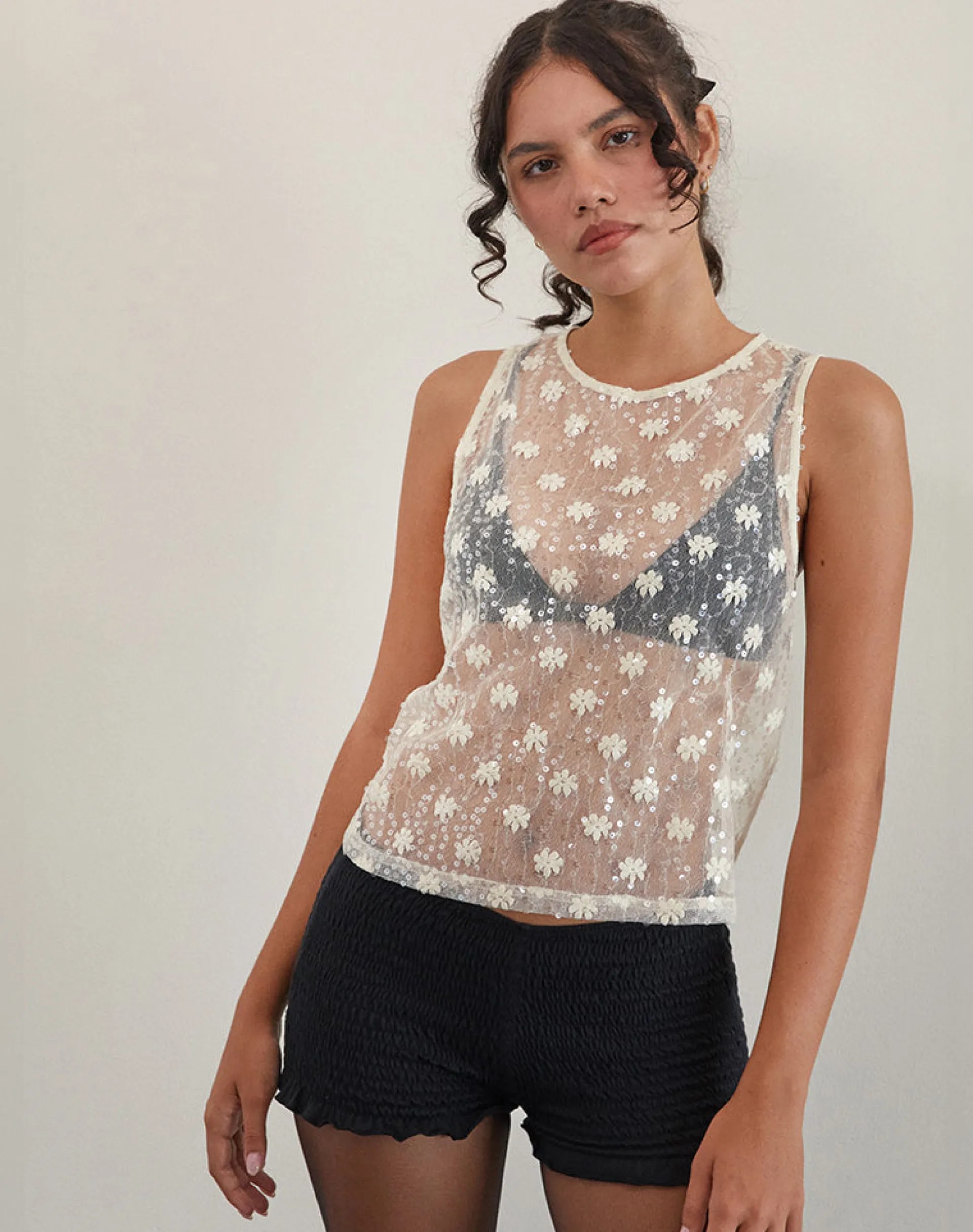 Motel Rocks Vest Tops | Sequin Tops-Franka Tank Top in Sequin Lace Ivory