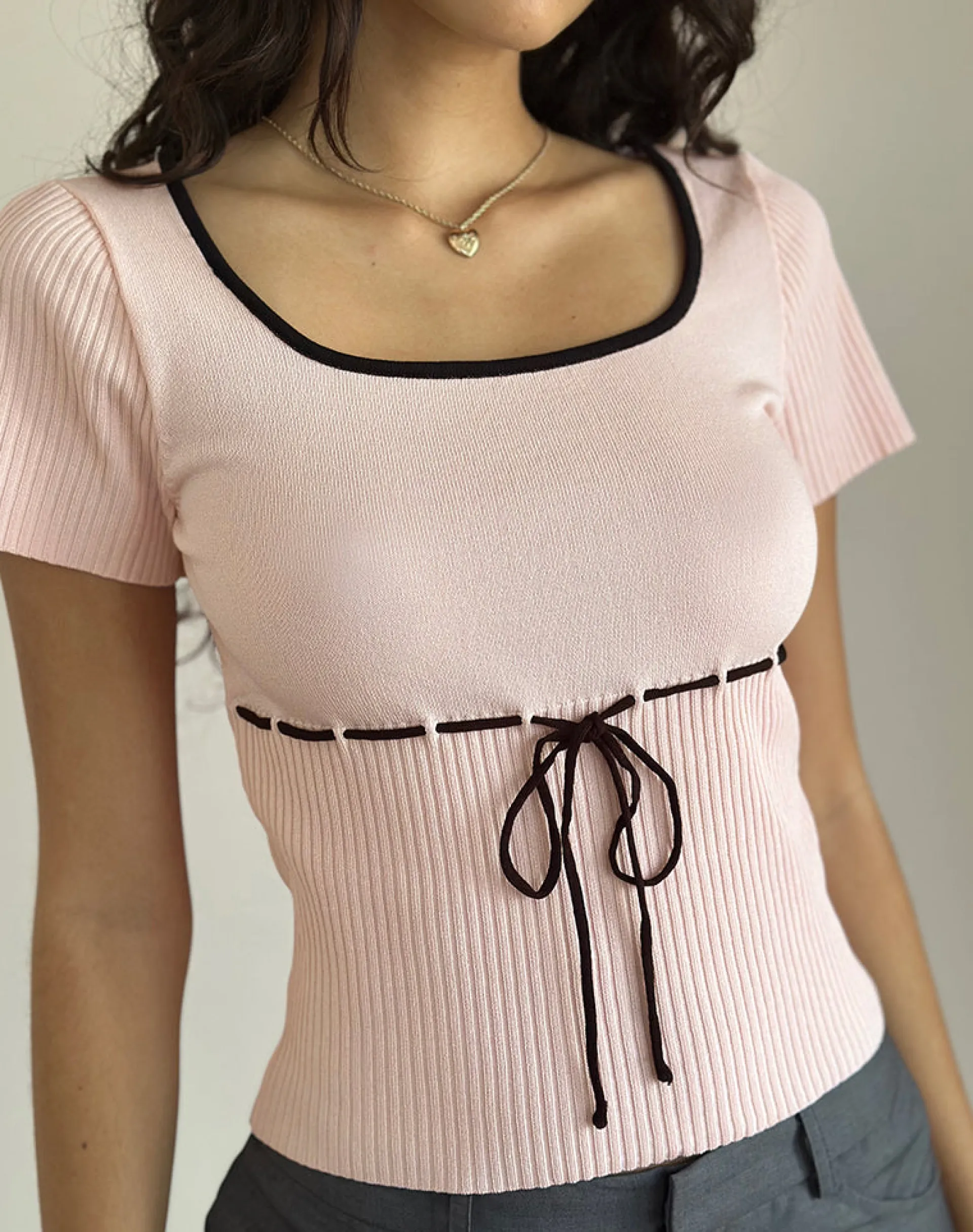 Motel Rocks Basics | Basic Tops-Frauke Top in Blush Pink with Black