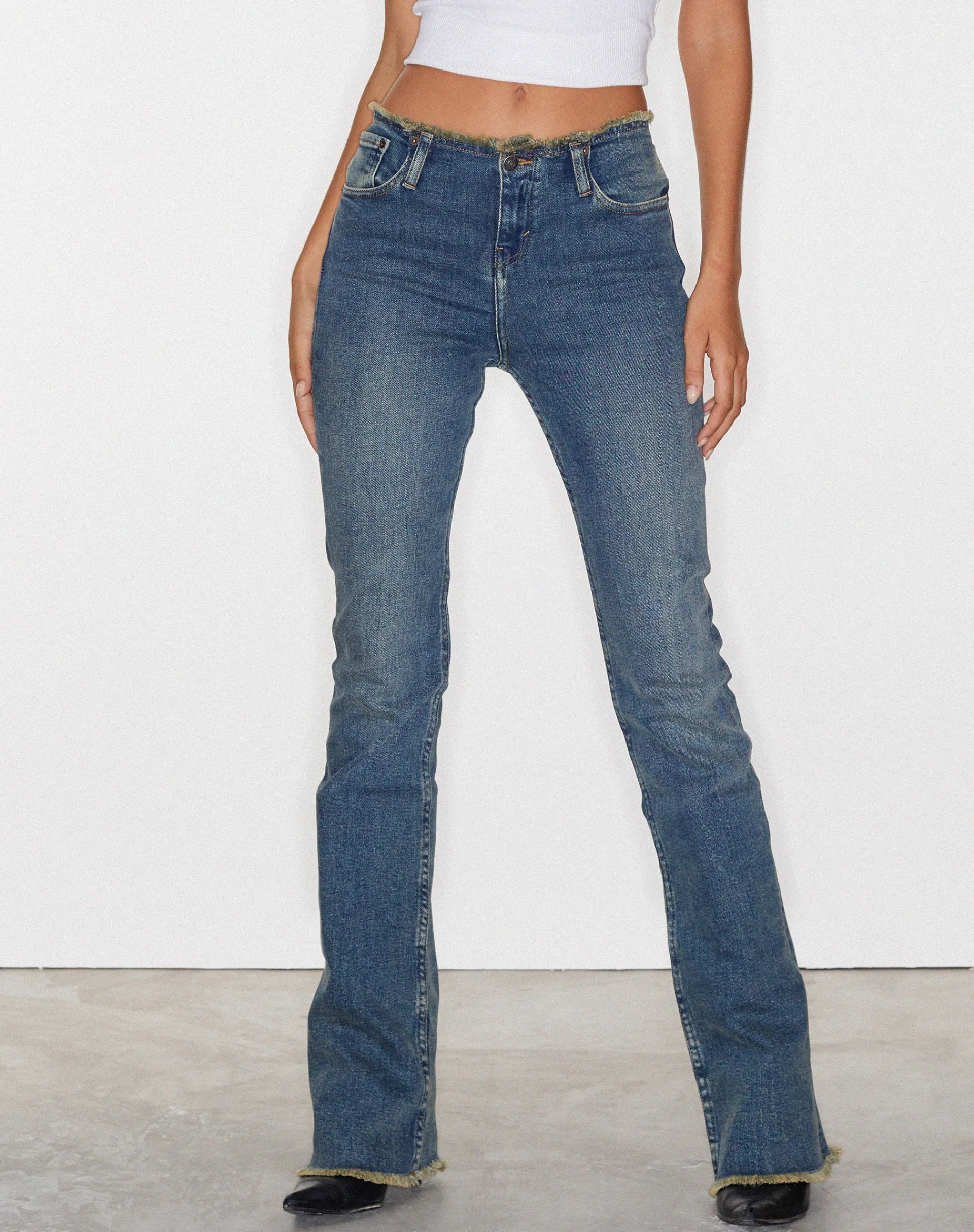 Motel Rocks Jeans | Flared Jeans-Frayed Low Rise Jeans in Brown Blue Acid BrownBlueAcid