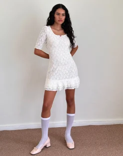 Motel Rocks Long Sleeve Dresses | Party Dresses-Fredrika Mini Dress in Lace Ivory